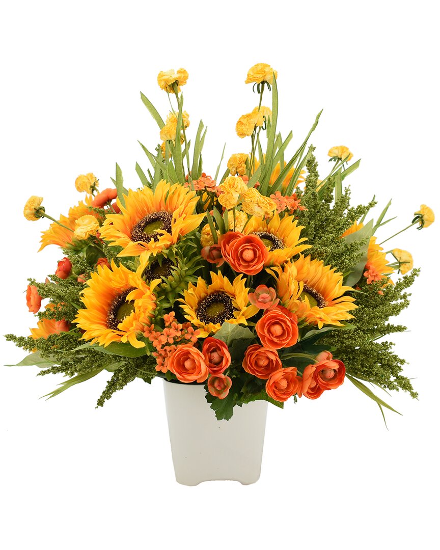 Creative Displays Yellow Sunflower And Orange Ranunculus Floral Arrangement In Green