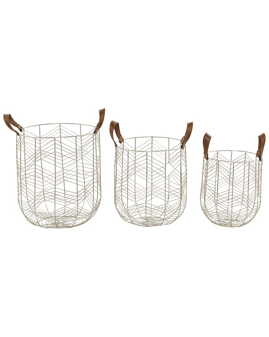 Cosmoliving By Cosmopolitan Set Of 3 Gold Metal Storage Basket With Faux Leather Handles In Silver
