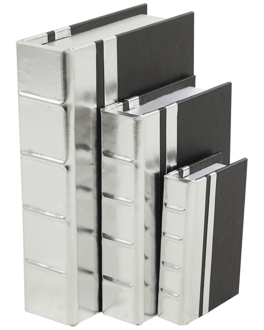 COSMOLIVING BY COSMOPOLITAN COSMOLIVING BY COSMOPOLITAN SET OF 3 SILVER FAUX LEATHER FAUX STORAGE BOOK BOX WITH BLACK COVER AND 