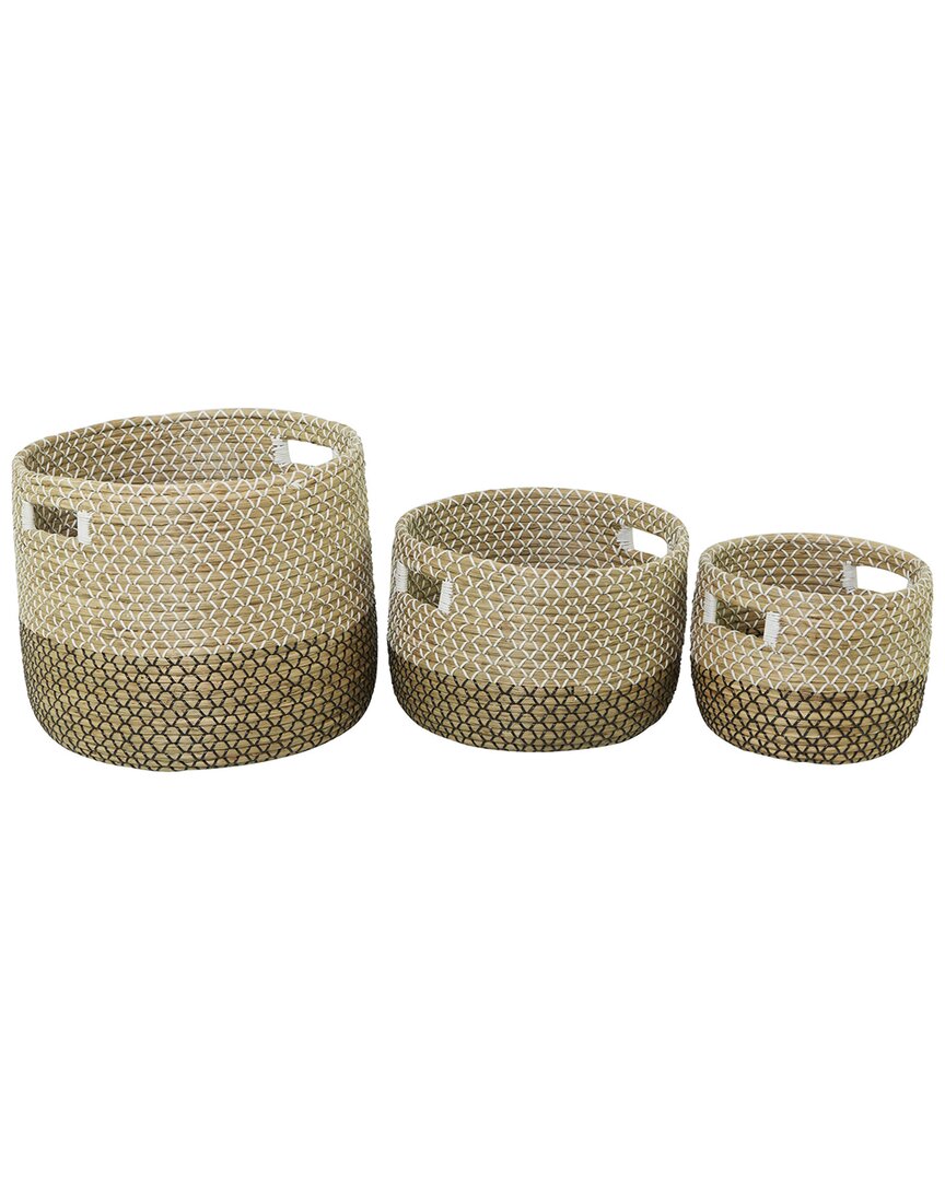 Cosmoliving By Cosmopolitan Set Of 3 Brown Seagrass Handmade Two Toned Storage Basket With Handles In Brown