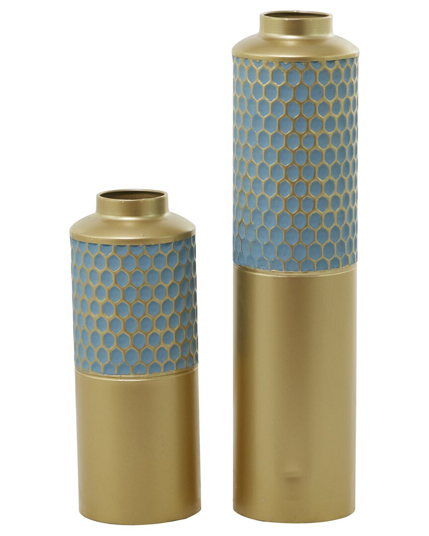 COSMOLIVING BY COSMOPOLITAN COSMOLIVING BY COSMOPOLITAN SET OF 2 LIGHT BLUE METAL HONEYCOMB VASE