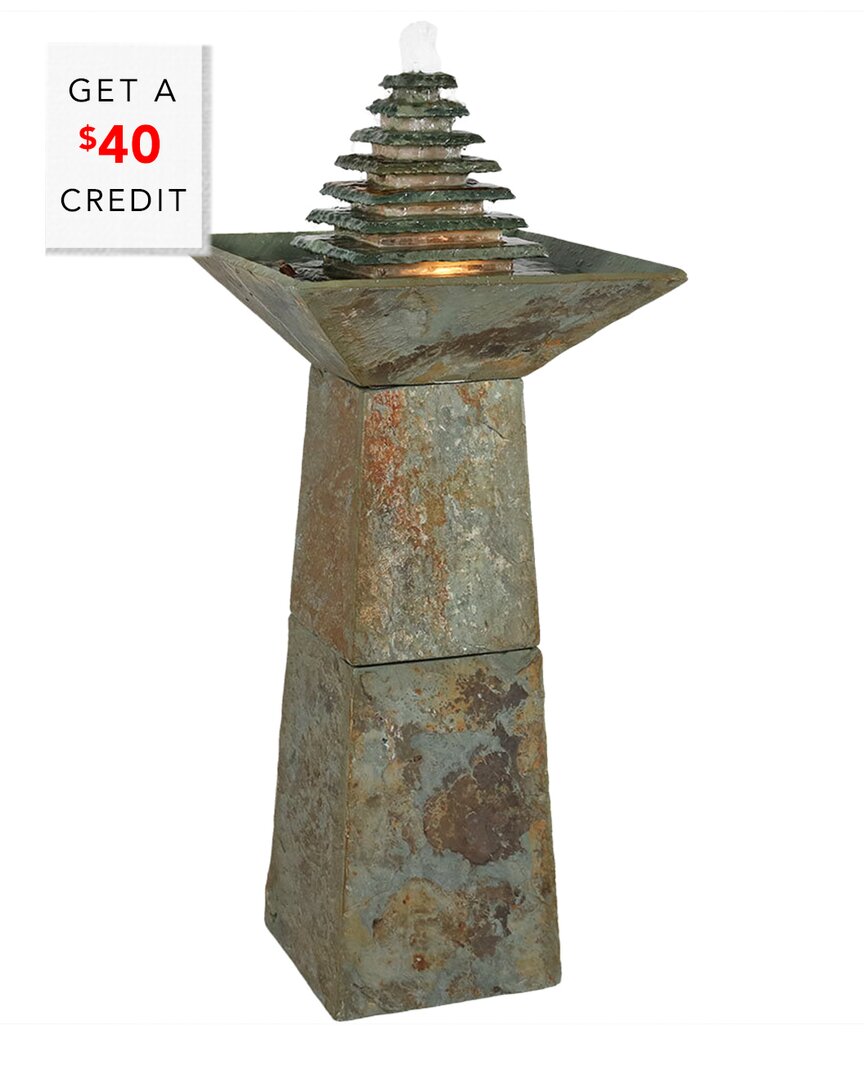 Sunnydaze 40"h Electric Natural Slate Layered Pyramid Tiered Outdoor Water Fountain With Led Light In Grey
