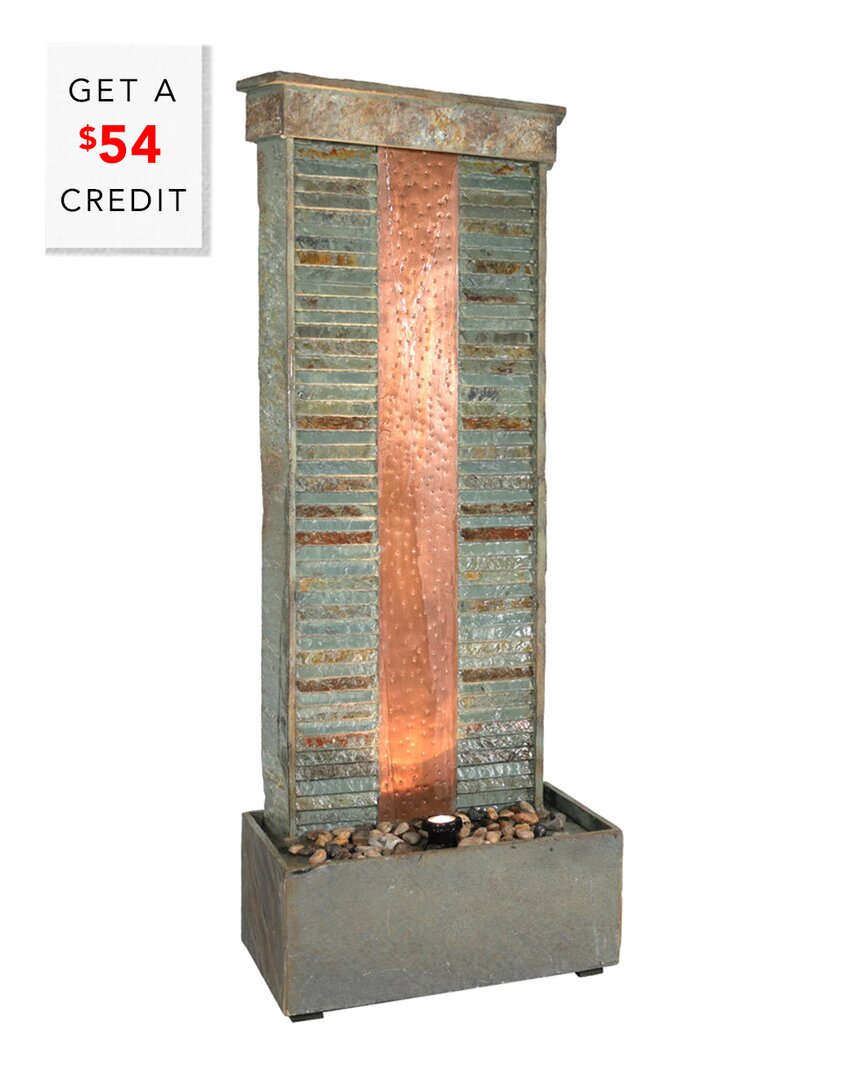 Sunnydaze 48"h Electric Natural Slate With Copper Accents Rippled Column Outdoor Water Fountain With Led Spotl In Grey