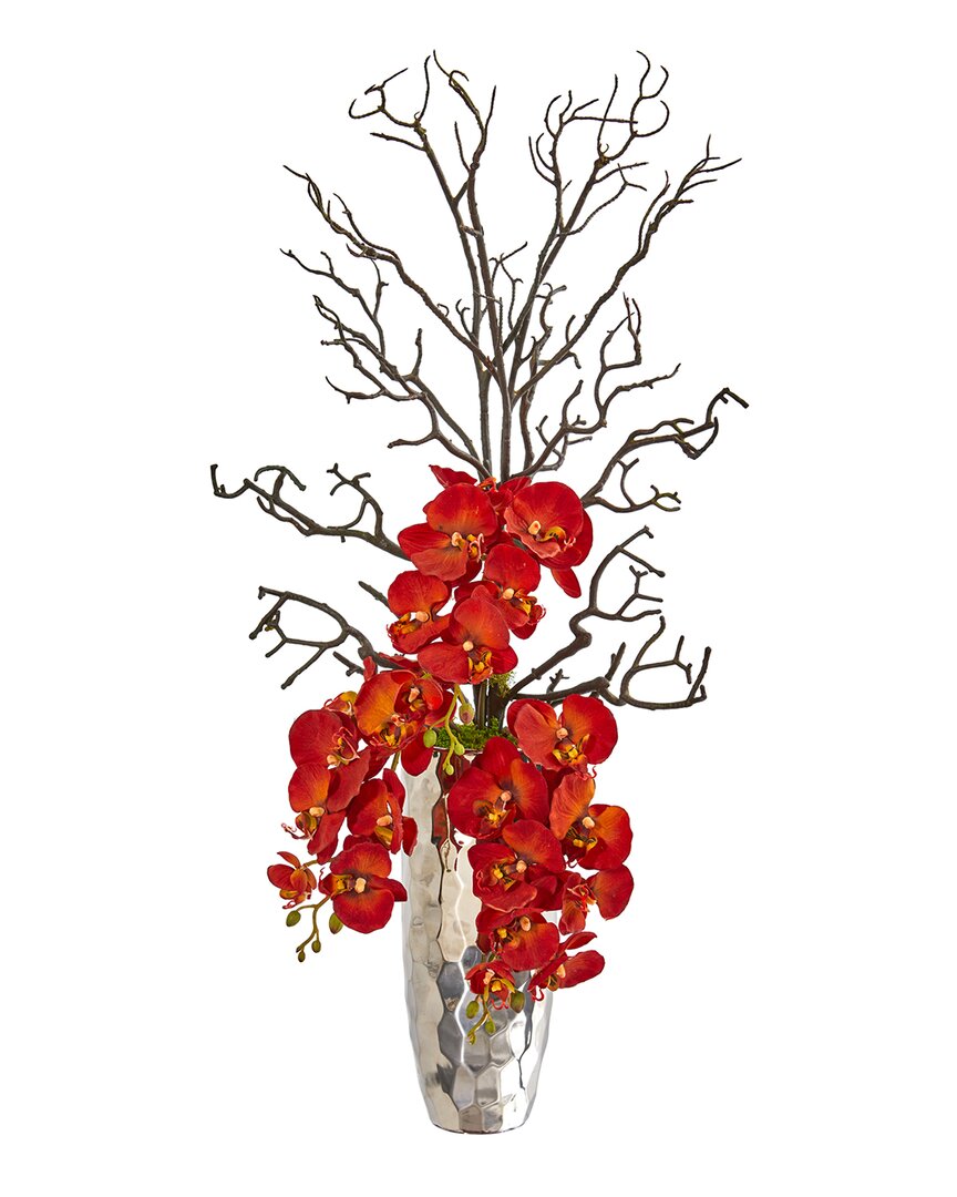 Nearly Natural Autumn Phalaenopsis Artificial Arrangement In Silver Vase In Red