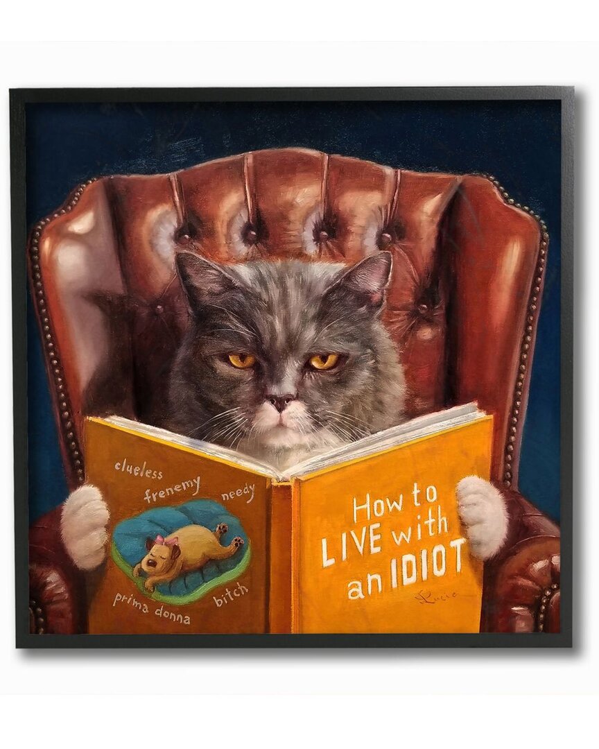 Stupell Angry Cat Reading Dog Book Feline Pet Humor Black Wall Art