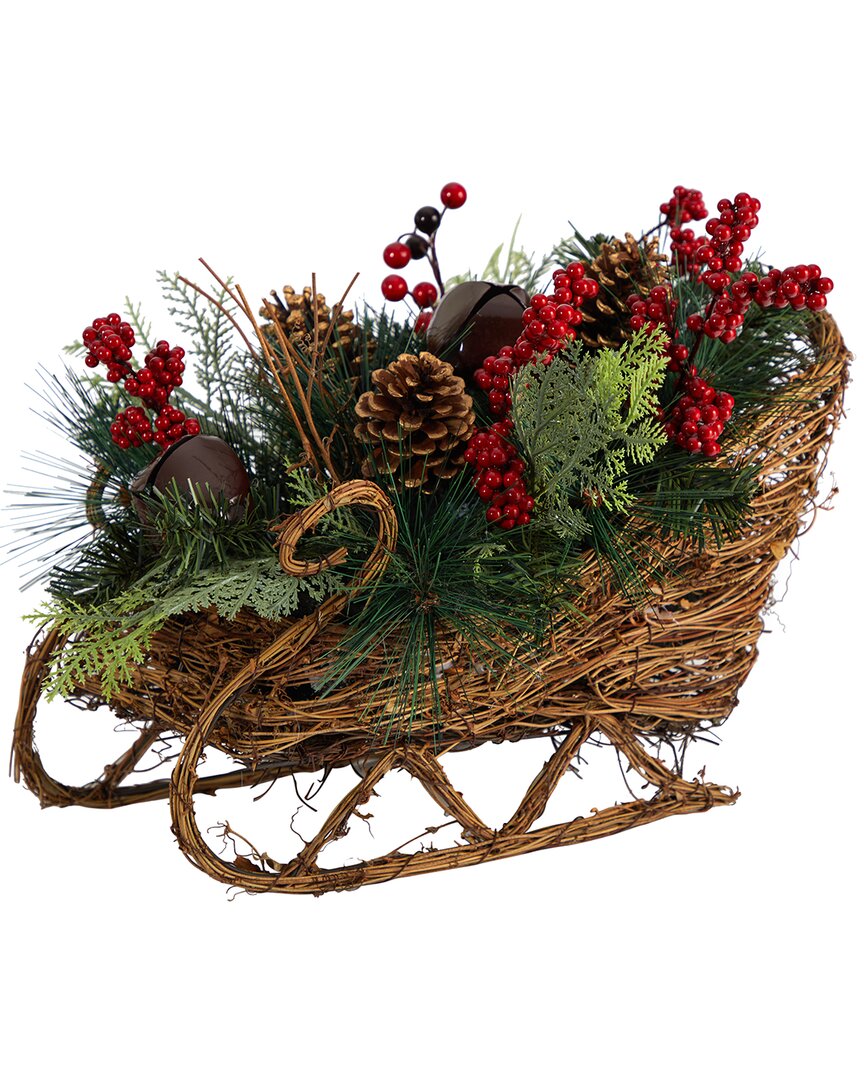 Nearly Natural 18in Christmas Sleigh With Pine, Pinecones And Berries Artificial Christmas Arrangeme In Green