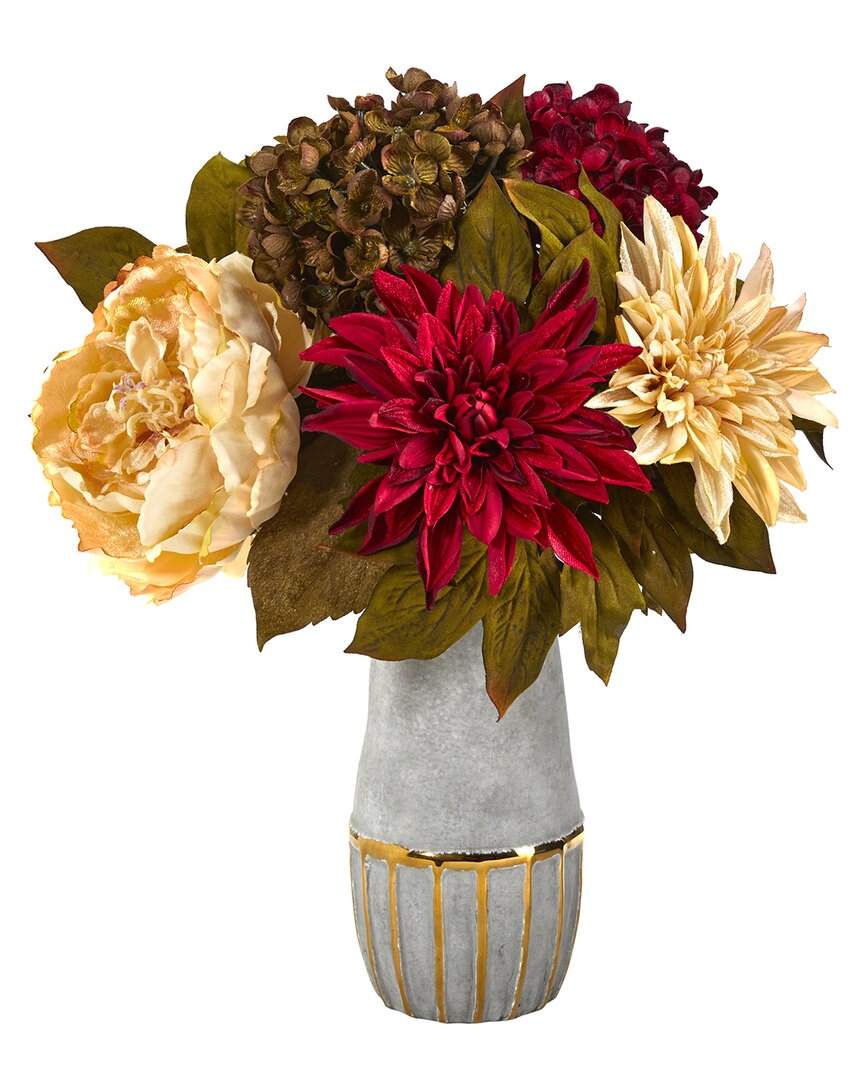 Nearly Natural 17in Peony, Hydrangea And Dahlia Artificial Arrangement In Stoneware Vase With Gold T In Red