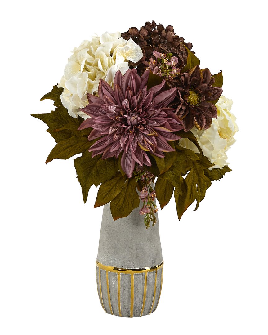 Nearly Natural Discontinued  17in Peony, Hydrangea And Dahlia Artificial Arrangement In Stoneware Vas In Purple