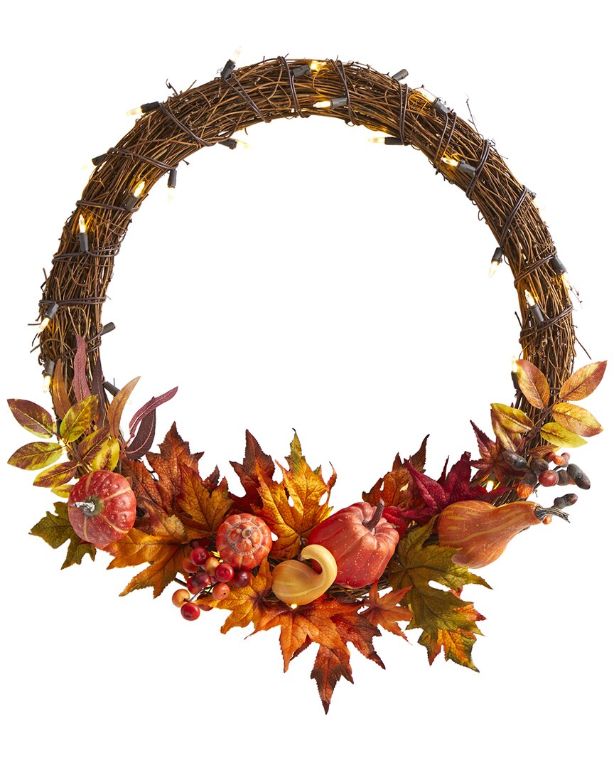 Nearly Natural 22in Pumpkin And Maple Artificial Autumn Wreath With 50 Warm White Led Lights In Orange