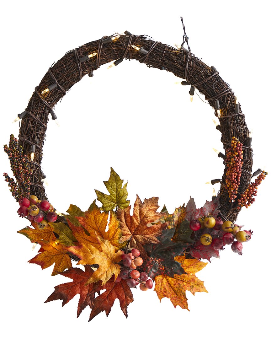 Nearly Natural 21in Maple Leaf And Berries Artificial Wreath With 50 Warm White Led Lights In Orange