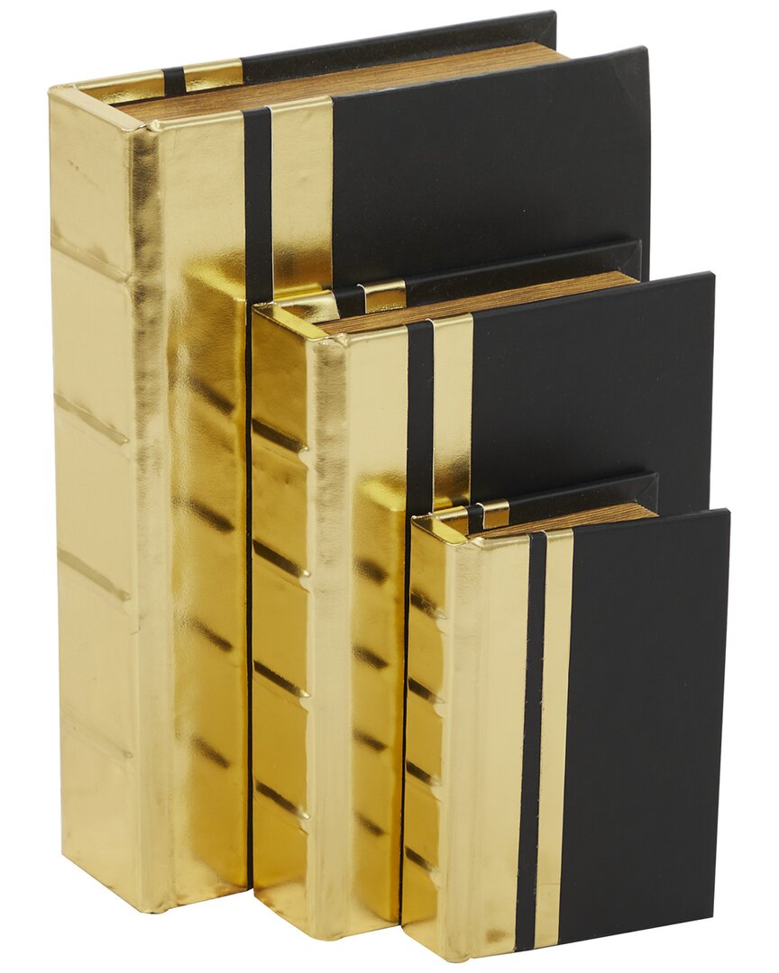 COSMOLIVING BY COSMOPOLITAN COSMOLIVING BY COSMOPOLITAN SET OF 3 GOLD FAUX LEATHER FAUX STORAGE BOOK BOX WITH BLACK COVER AND ST