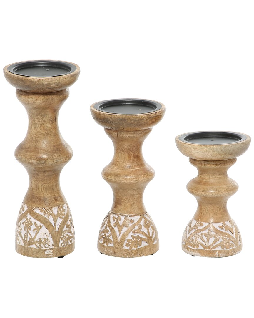 Peyton Lane Set Of 3 Country Cottage Floral Brown Wood Candle Holder
