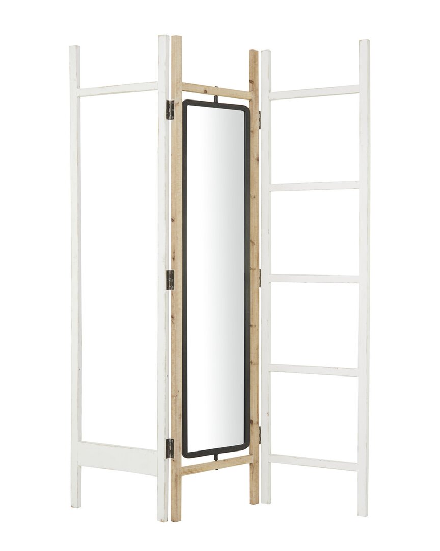 The Novogratz White Wood Hinged Foldable Partition 3 Panel Room Divider Screen With Mirror And Ladder Frame