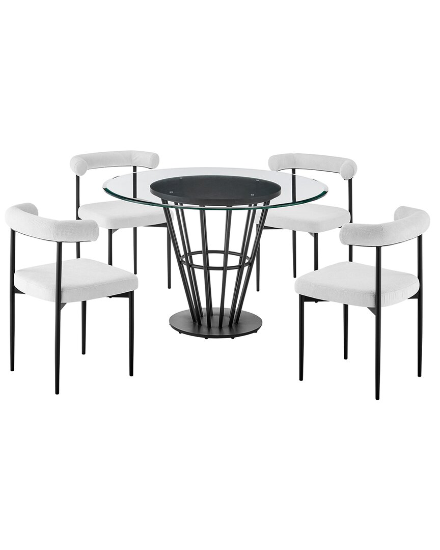 Armen Living Veronica Shannon 5pc Round Glass Dining Table Set In White