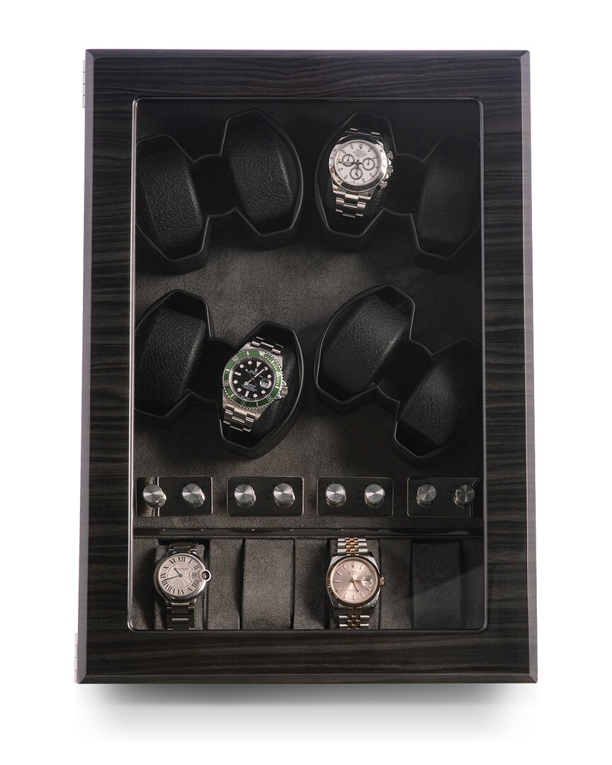 Bey-berk Ash Wood High Lacquer Eight Watch Winder And Four Watch Storage Case With Glass Top In Grey