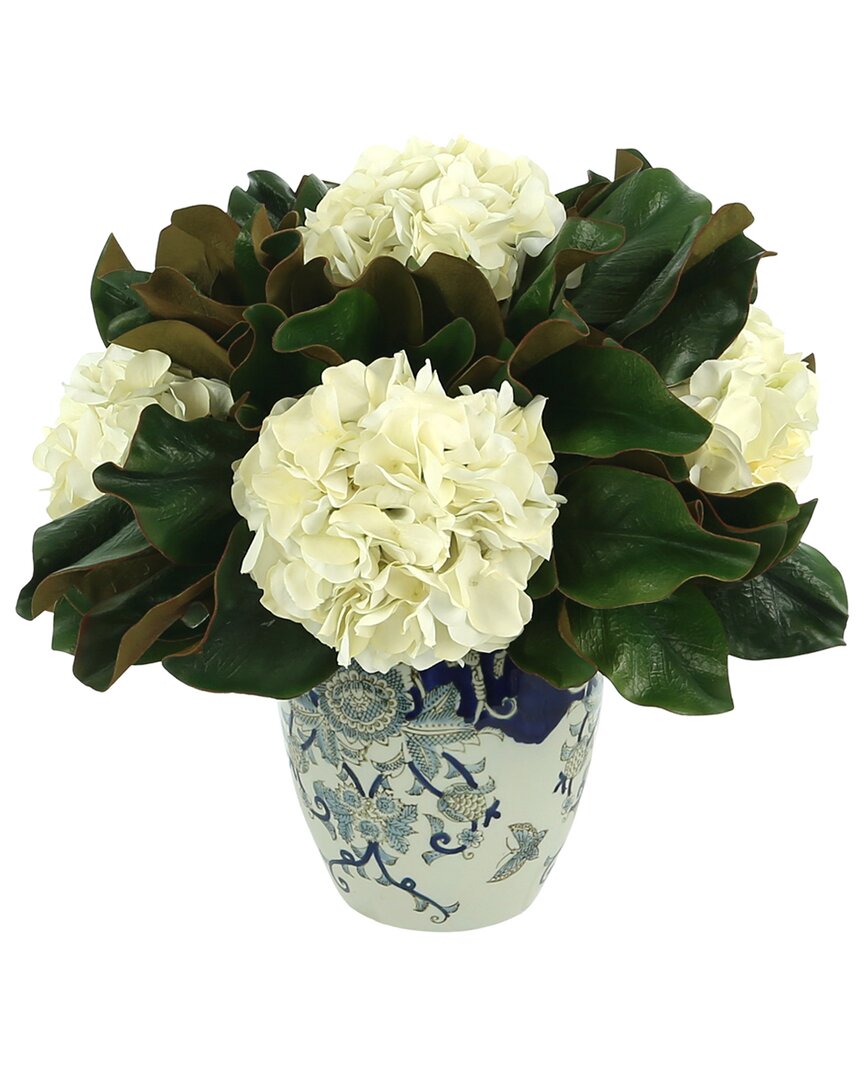 Creative Displays White Hydrangea And Magnolia Leaf Arrangement In A Decorative Ceramic Vase