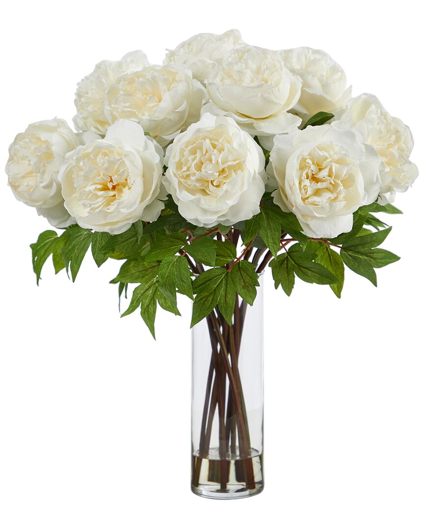 Nearly Natural 22in Artificial Peony Arrangement With Cylinder Glass Vase In White