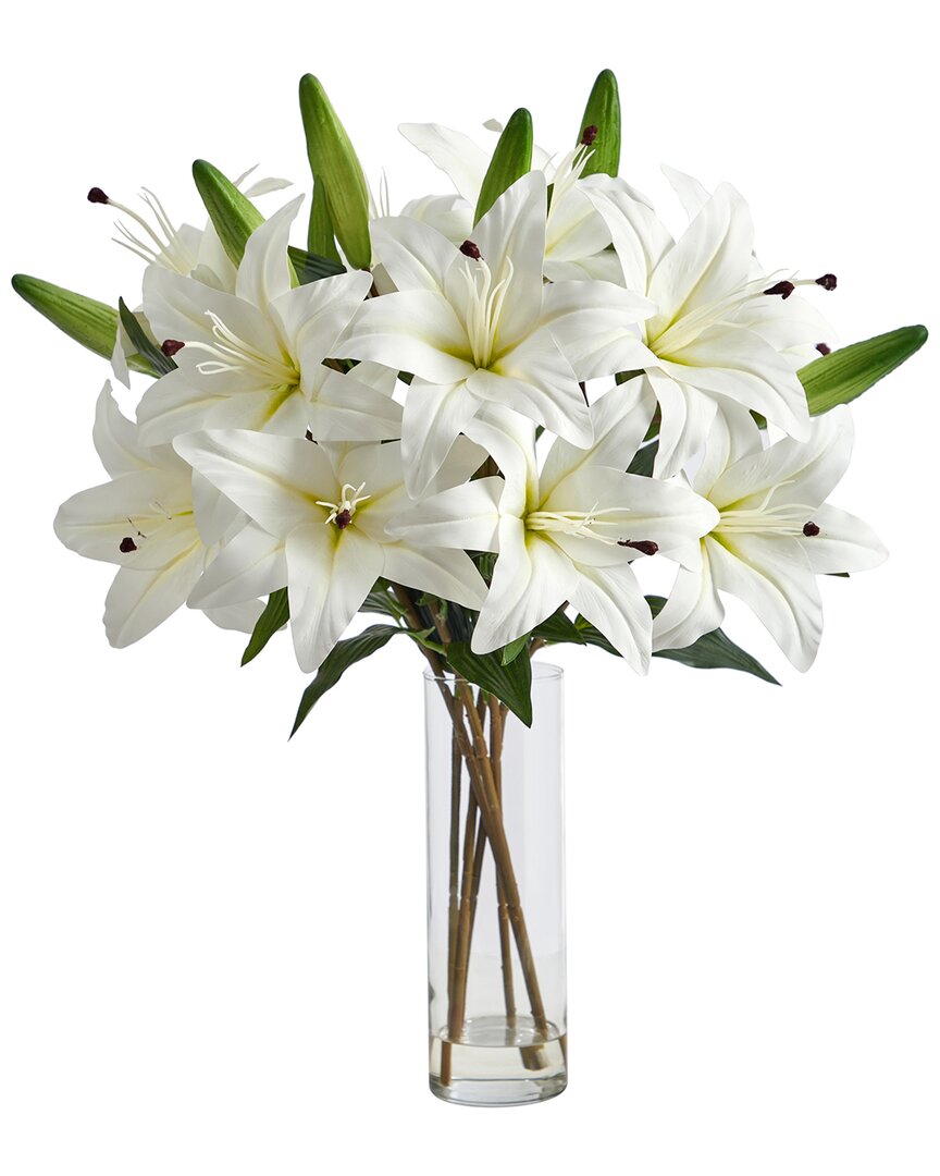 Nearly Natural 25in Artificial Lily Arrangement With Cylinder Glass Vase