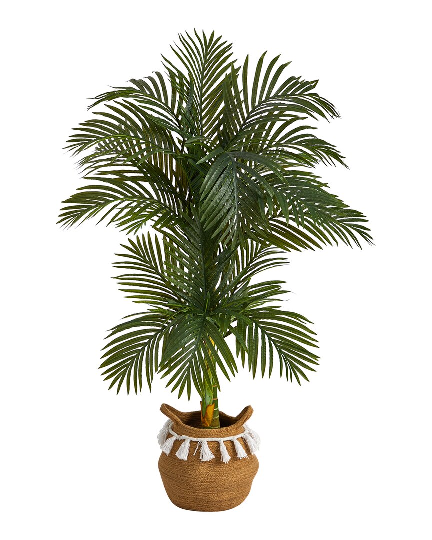 Nearly Natural 5ft Artificial Double Stalk Golden Cane Palm Tree With Handmade Basket In Green