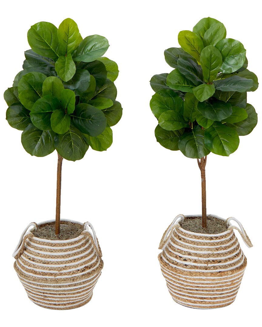 Shop Nearly Natural Set Of Two 3.5ft Artificial Fiddle Leaf Fig Trees With Handmade Tassel Basket Diy Kit In Green