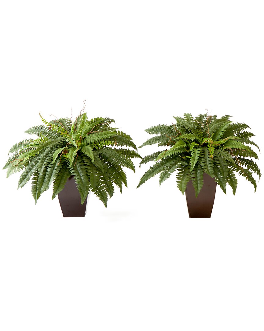 Nearly Natural Set Of Two 23in Artificial Boston Fern Plants With Square Metal Planter Diy Kit In Green