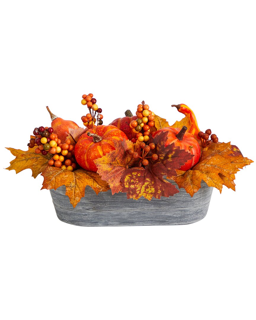NEARLY NATURAL NEARLY NATURAL 12IN FALL PUMPKIN & BERRIES HARVEST ARTIFICIAL ARRANGEMENT IN VASE 