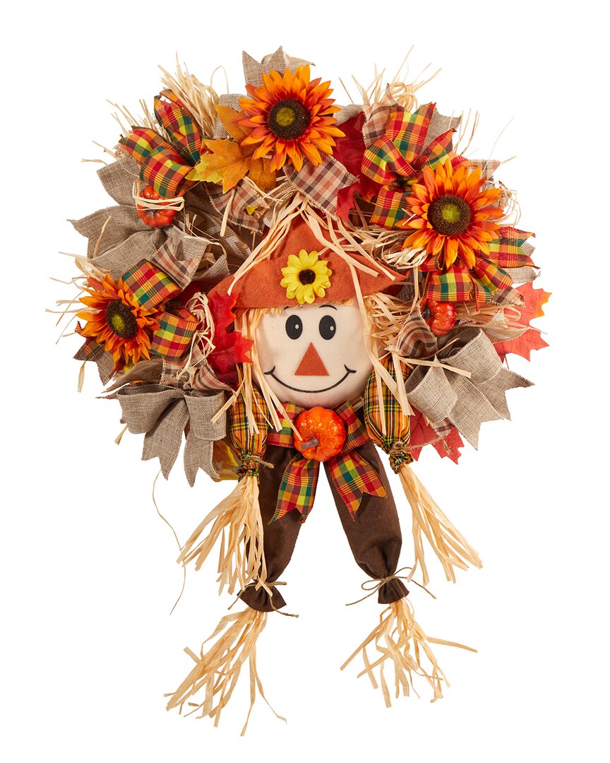 NEARLY NATURAL NEARLY NATURAL 30IN SCARECROW FALL ARTIFICIAL WREATH WITH SUNFLOWER, PUMPKIN & DECORATIVE BOWS 