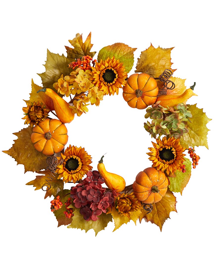 Nearly Natural 22in Autumn Hydrangea, Pumpkin & Sunflower Artificial Wreath In Orange