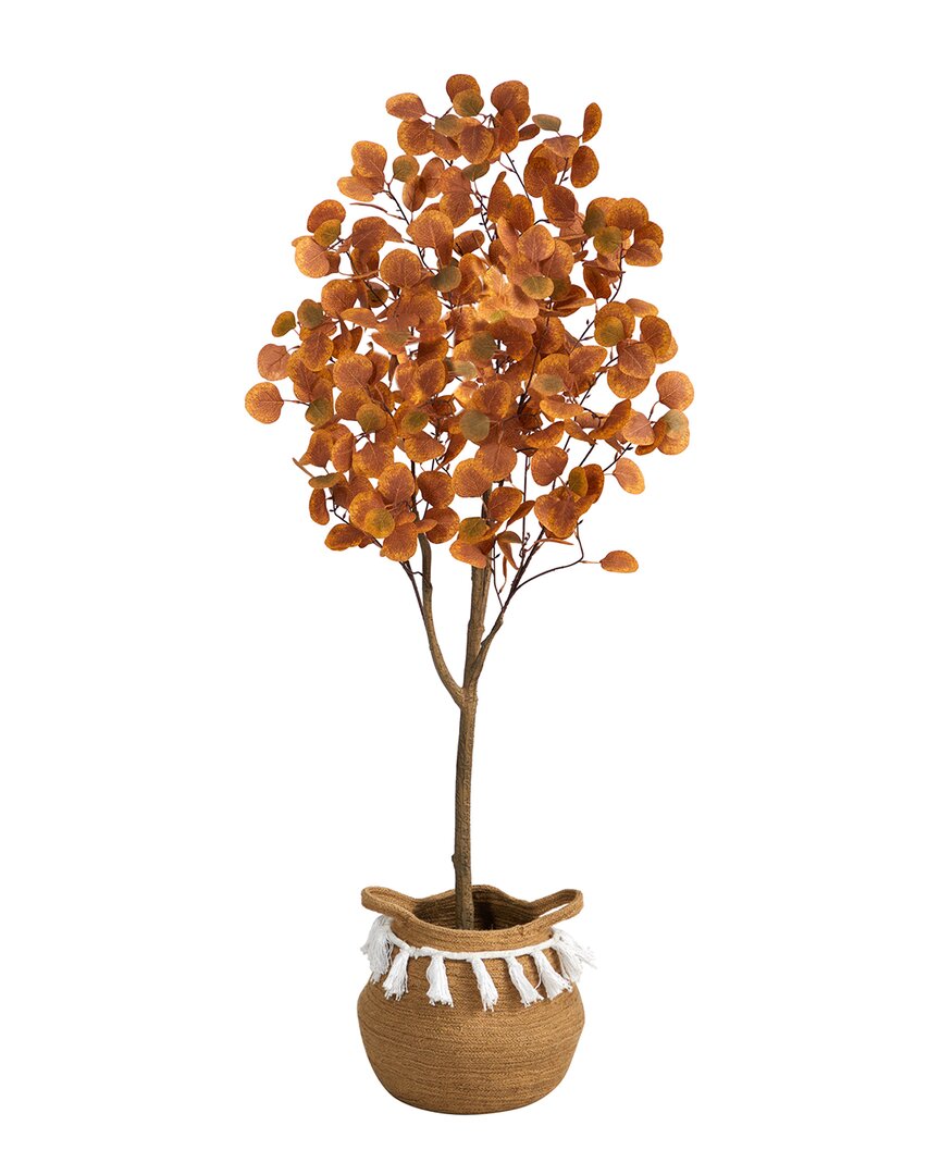 Nearly Natural 5ft Artificial Autumn Eucalyptus Tree With Handmade Tassel Basket In Orange
