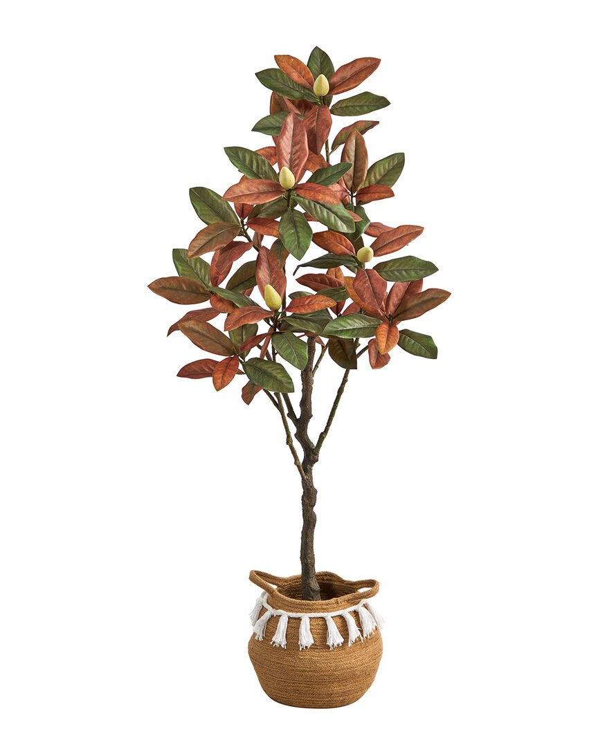 Nearly Natural 5ft Artificial Fall Magnolia Tree With Handmade Tassel Basket In Brown