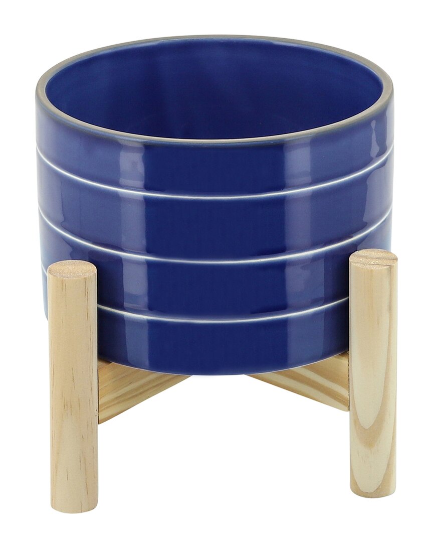 Shop Sagebrook Home Striped Planter With Wood Stand In Blue