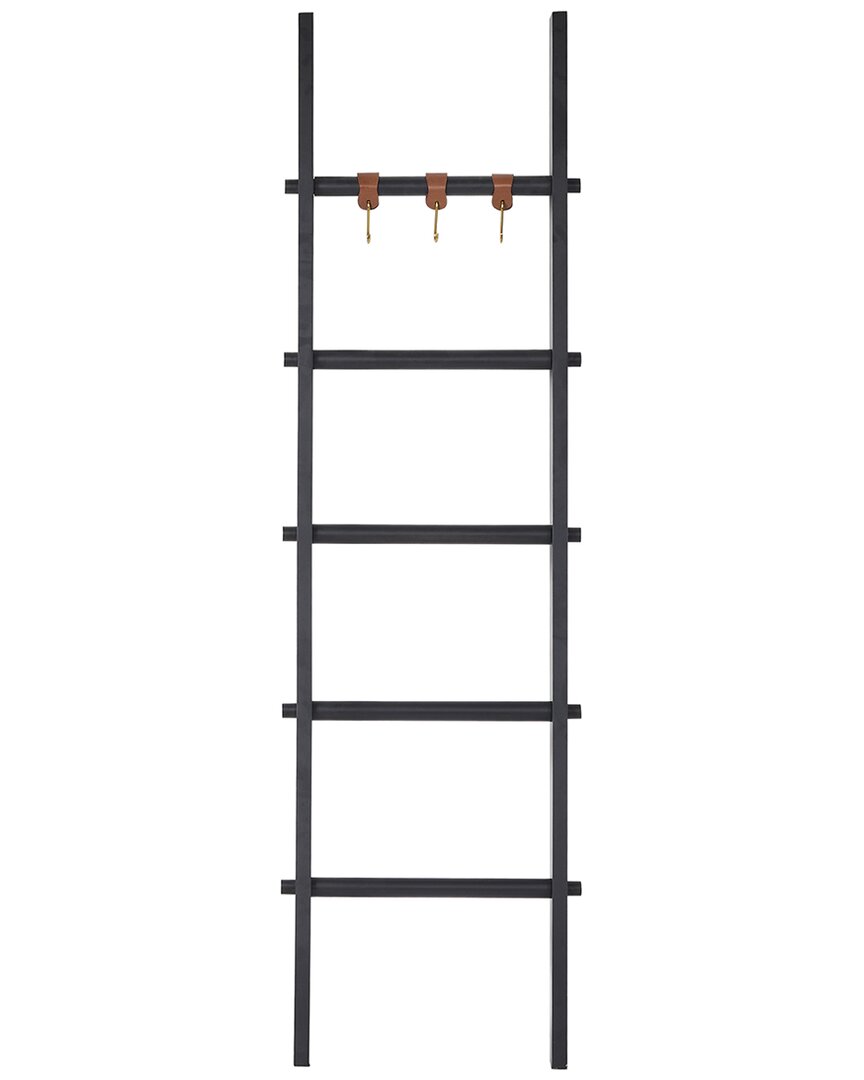 Renwil Ren-wil Mareva Decorative Ladder For Throws With Faux Leather Accent Hooks In Black