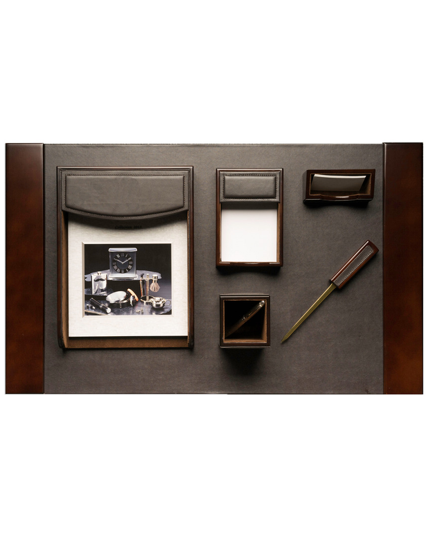 Bey-berk 6pc Walnut Wood & Brown Leather Desk Set