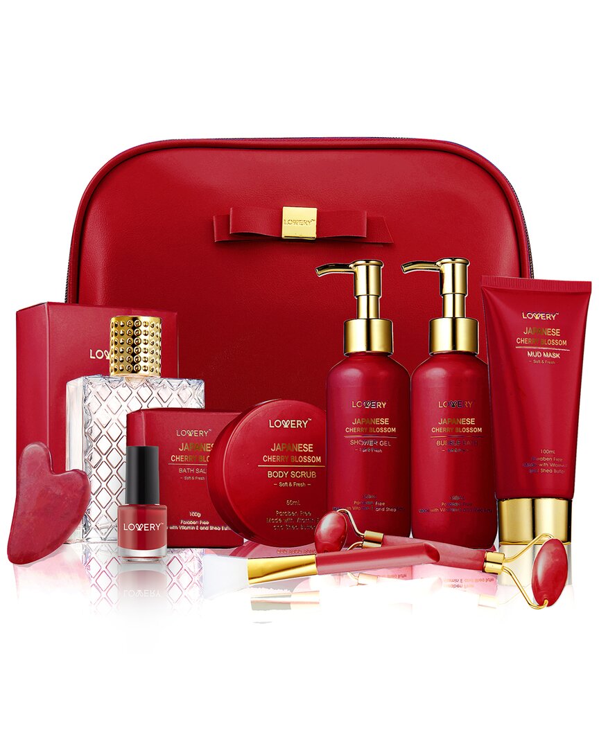 Lovery Luxury Japanese Cherry Blossom Bath & Body Beauty Kit With Leather Bag In Red