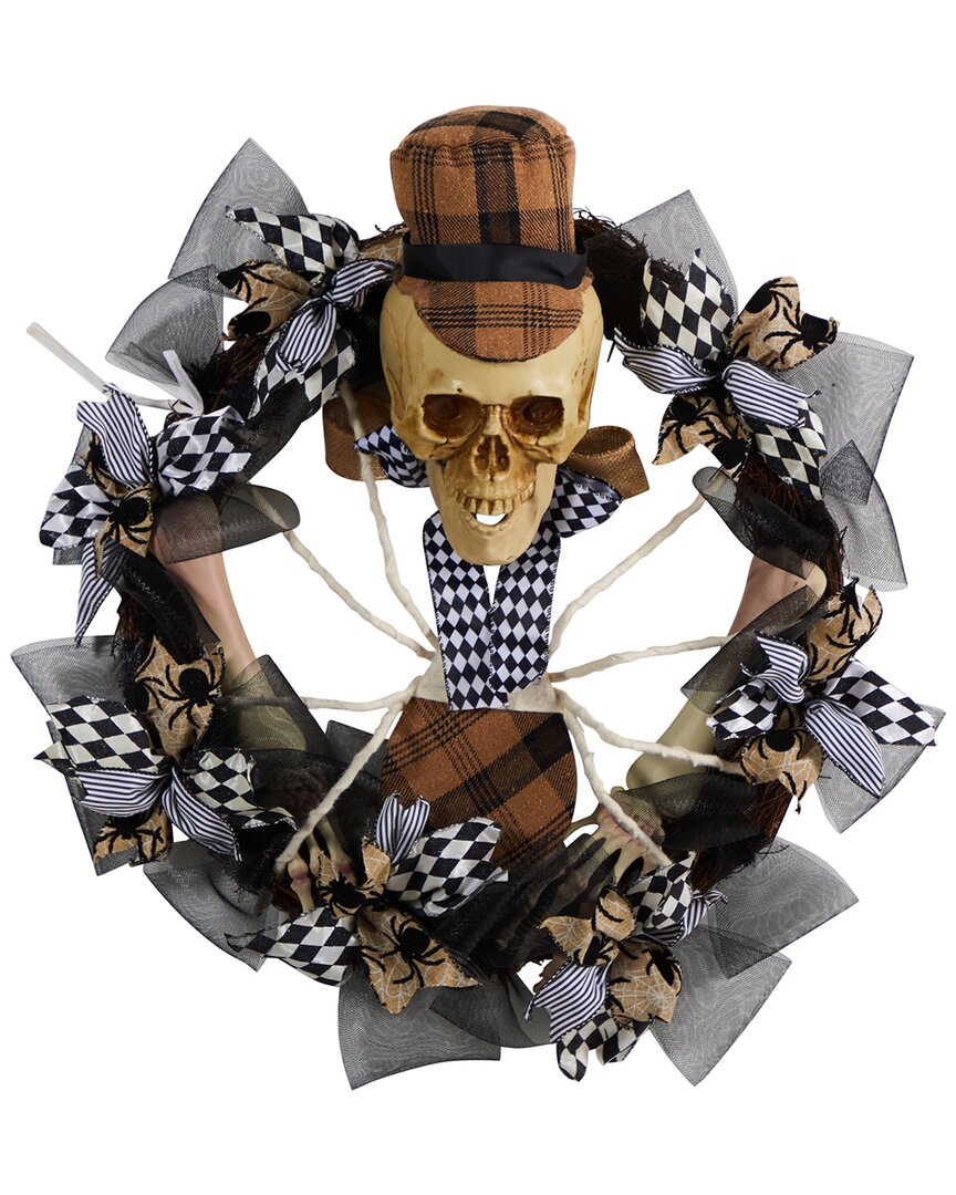 Nearly Natural Halloween Skull In Plaid Mesh Wreath 24in. In Black