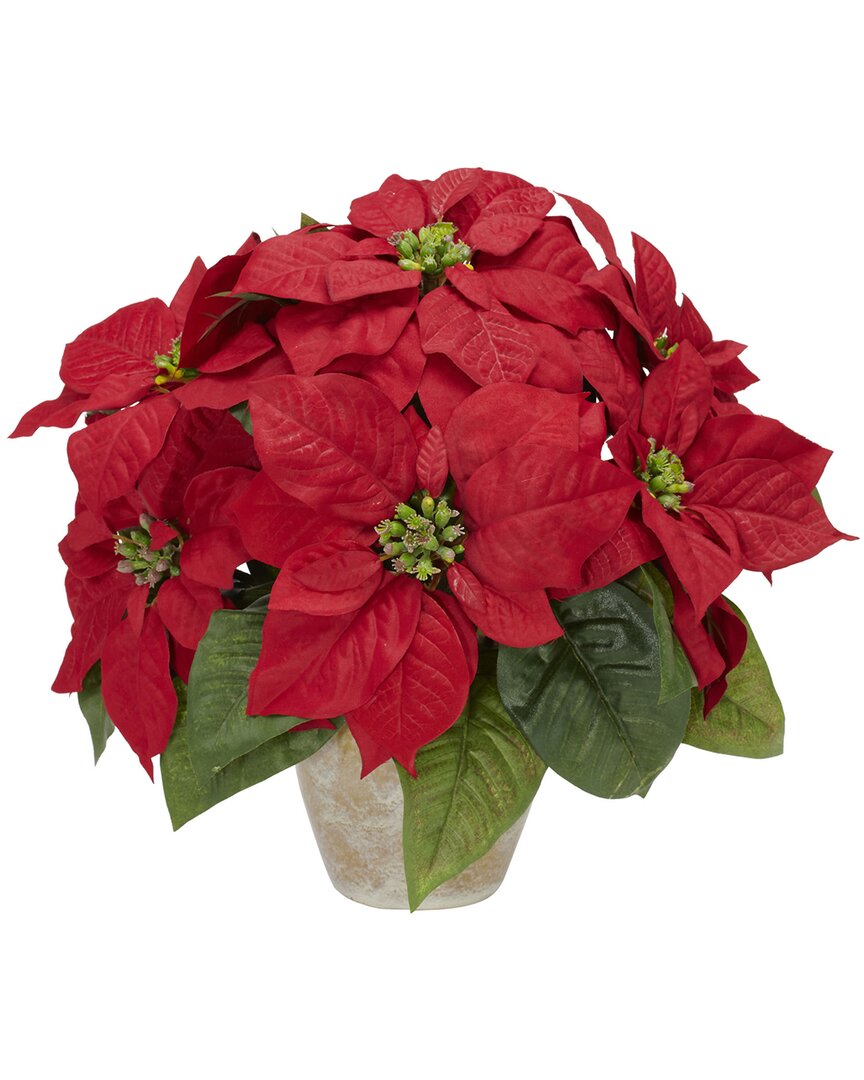 Nearly Natural Poinsettia With Ceramic Vase Silk Flower Arrangement In Red