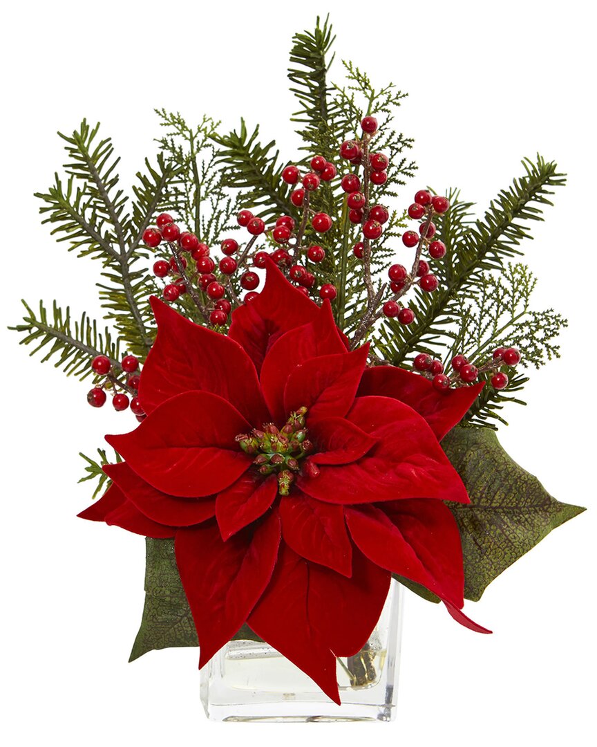 Nearly Natural Poinsettia Pine & Berries In Vase Artificial Arrangement In Red
