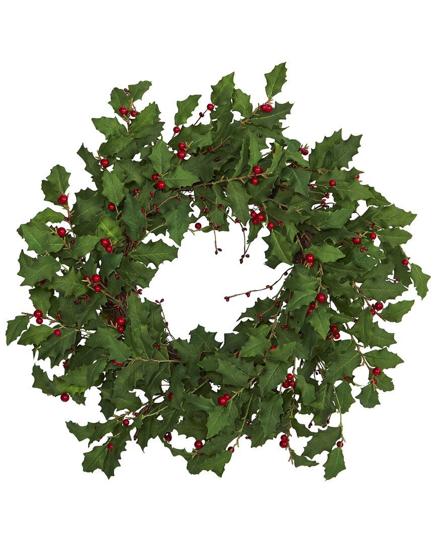 Nearly Natural 28in Holly Berry Artificial Wreath In Green