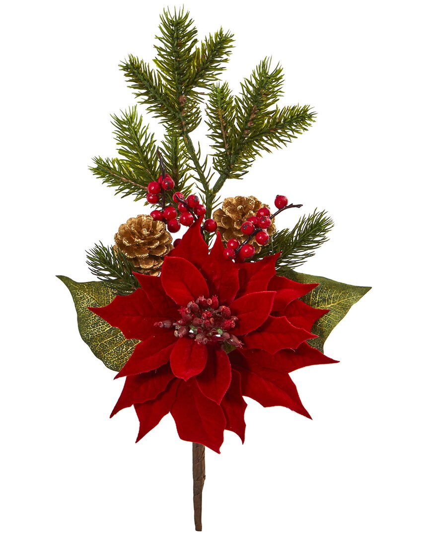 Nearly Natural 17in Poinsettia Berry & Pine Artificial Flower In Red