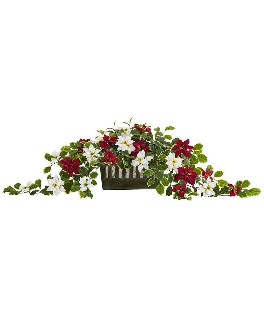 Nearly Natural 39in Poinsettia & Variegated Holly Artificial Plant In Green