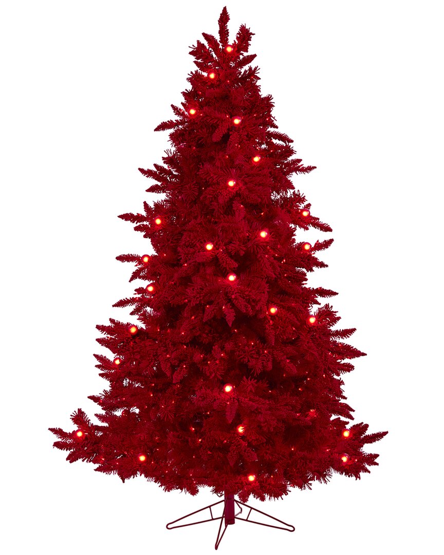 Nearly Natural 7ft Red Flocked Fraser Fir Artificial Christmas Tree
