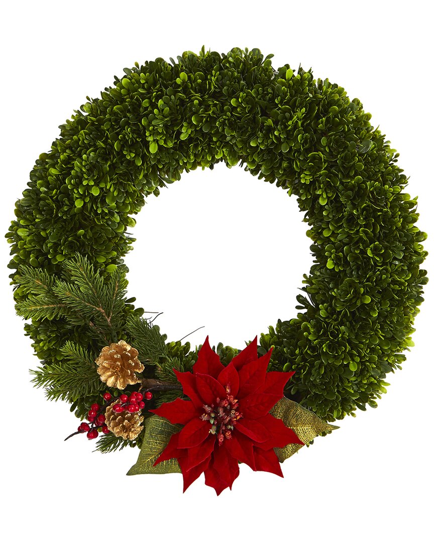 Nearly Natural 18in Tea Leaf Poinsettia & Pine Artificial Wreath In Green