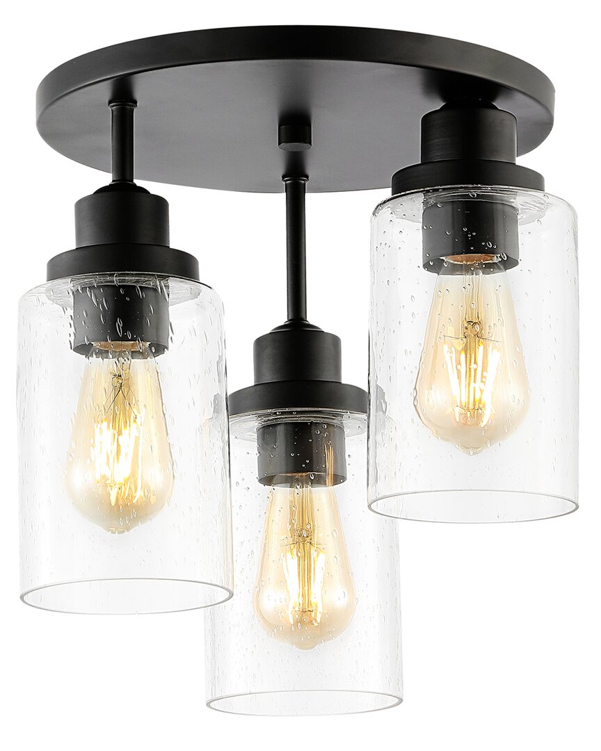 Jonathan Y Jonah 12in 3-light Bohemian Farmhouse Iron/seeded Glass Led Semi Flush Mount In Black