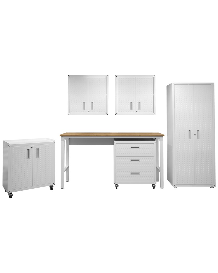 Manhattan Comfort 6pc Fortress Textured Garage Set With Cabinets, Wall Units And Table In White