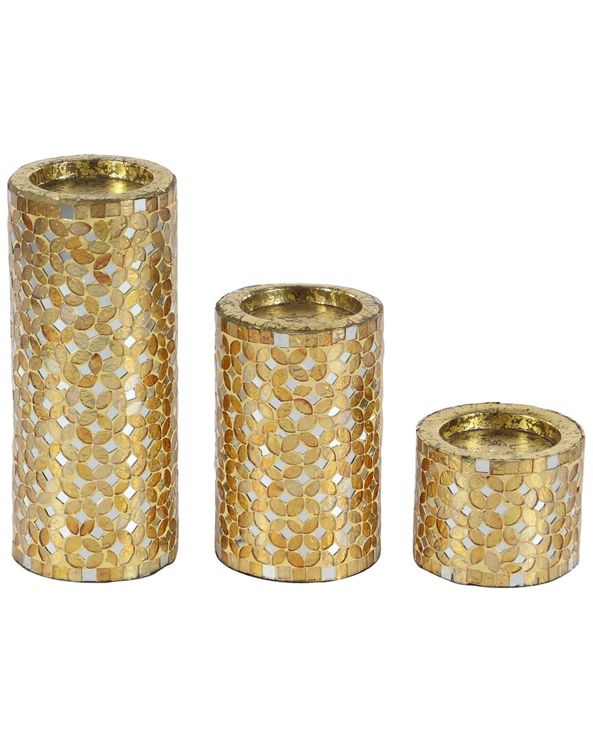 Peyton Lane Set Of 3 Gold Metal Handmade Candle Holder With Mosaic Pattern