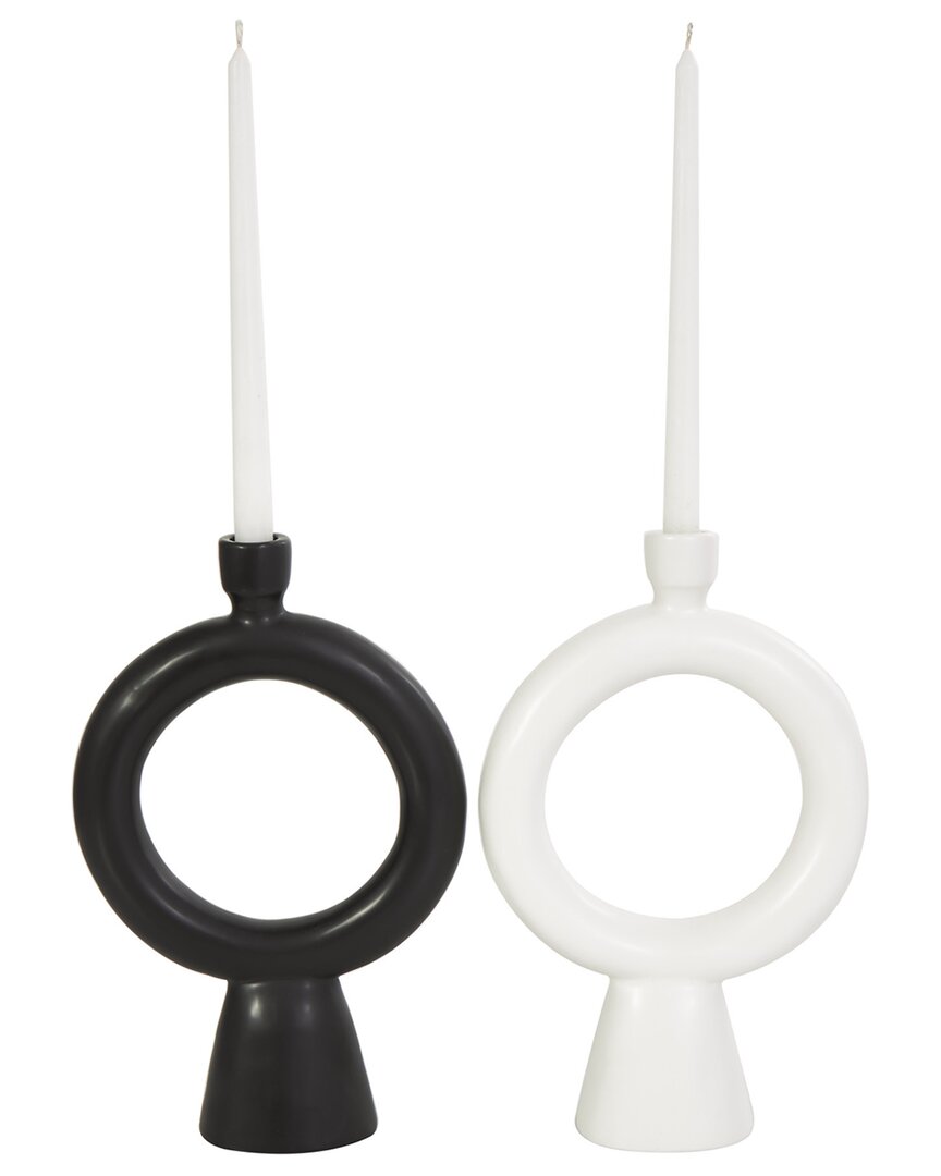 COSMOLIVING BY COSMOPOLITAN COSMOLIVING BY COSMOPOLITAN SET OF 2 GEOMETRIC BLACK CERAMIC RING CANDLE HOLDER WITH TAPERED BASE
