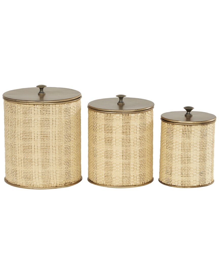 Peyton Lane Set Of 3 Beige Paper Handmade Woven Decorative Jars With Bronze Metal Lids In Beige