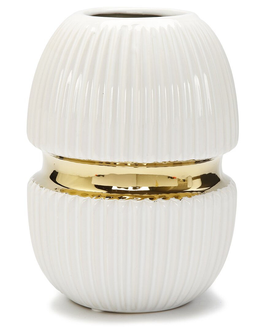 Vivience 8in White Ceramic Vase Gold Center Design In Gold