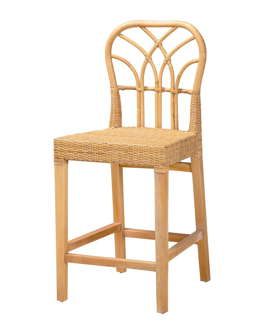 BAXTON STUDIO BAXTON STUDIO MONACO MODERN BOHEMIAN RATTAN & MAHOGANY COUNTER STOOL