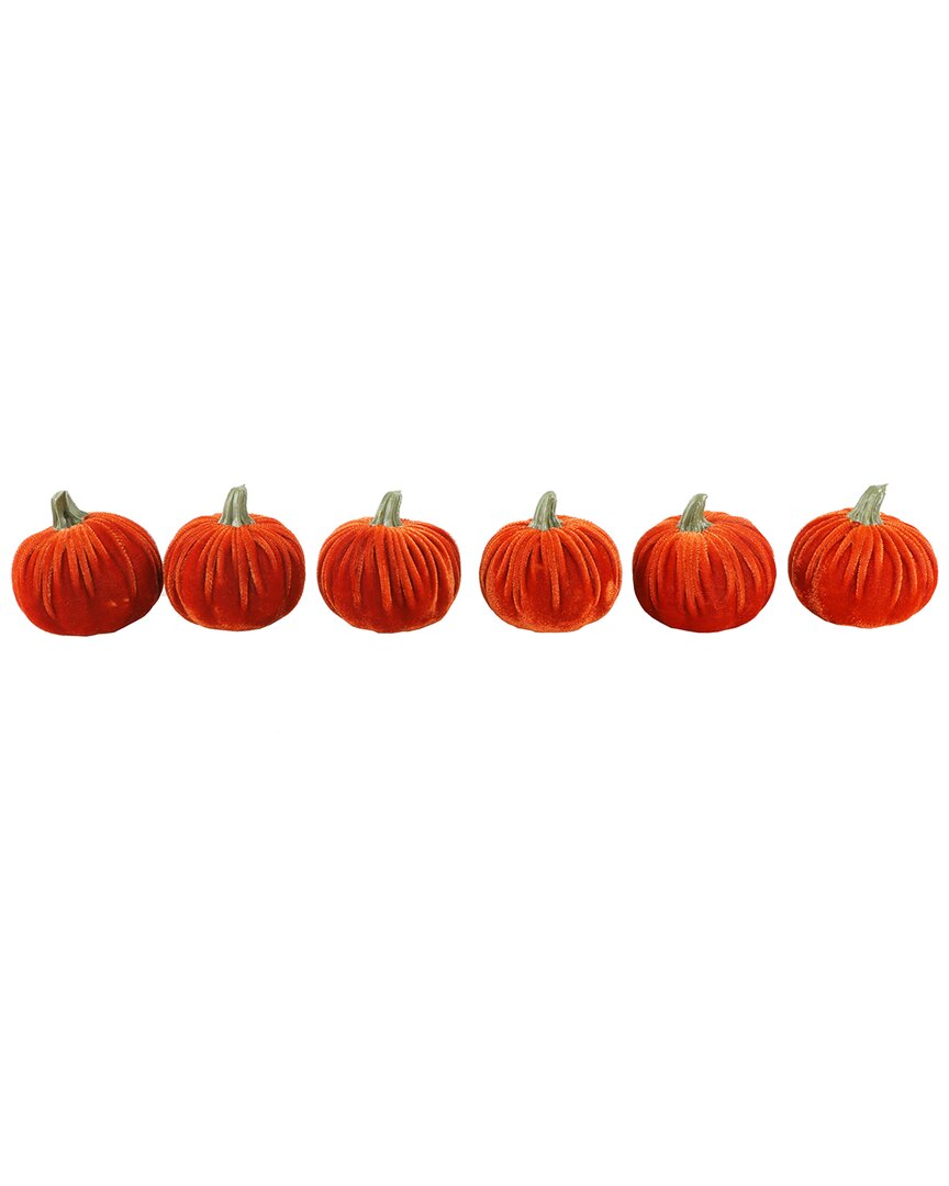 Flora Bunda Set Of 6 Medium Orange Velvet Pumpkins In Box